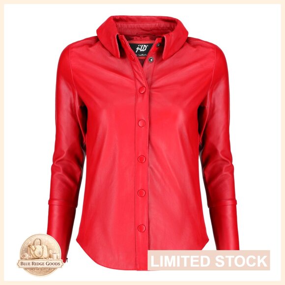 Lambskin Leather Shacket Snap Button Long Sleeve Regular Plus Size